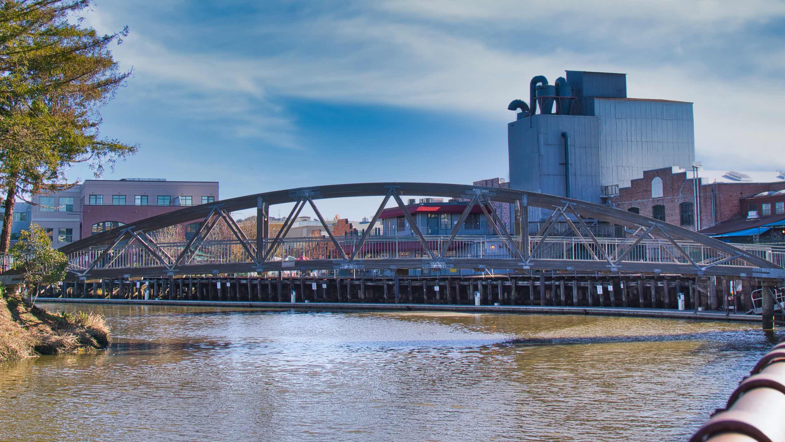 Pedestrian bridge across turning basin in Petaluma, CA.