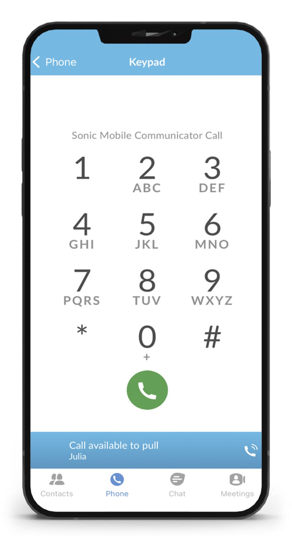 Screenshot of phone showing Call Pull feature for Sonic Mobile Communicator