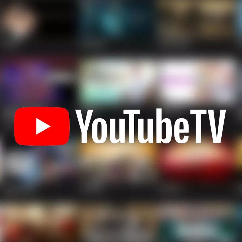 YouTube TV logo on blurred background of TV shows.